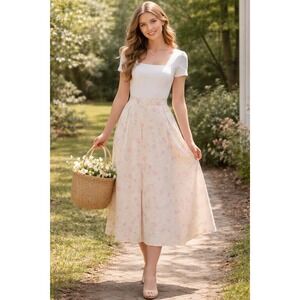 Boho Cottagecore Summer Yellow Pink Pastels Silk Floral Midi Petite‎ 10 Skirt